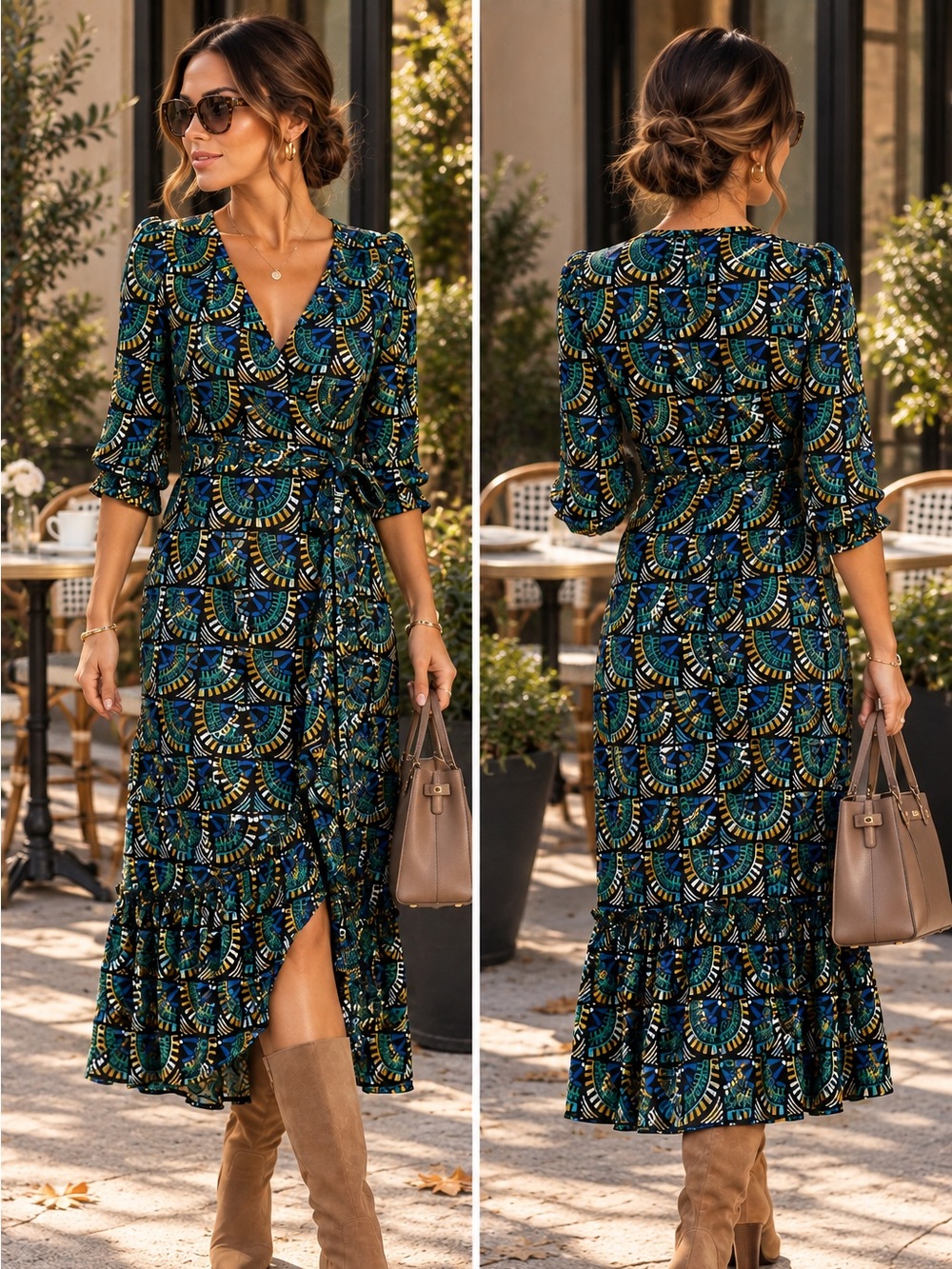 Silk & Salt Wrap Maxi Dress in Green & Blue African Peacock Print XS NWOT